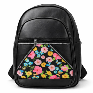 Stylish Black Leather Backpack with Colorful Floral Front Panel