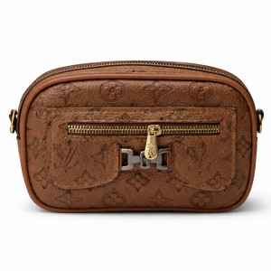 Premium Brown Monogram Embossed Leather Crossbody Mini Bag with Front Zipper Pocket and Compact Structured Design