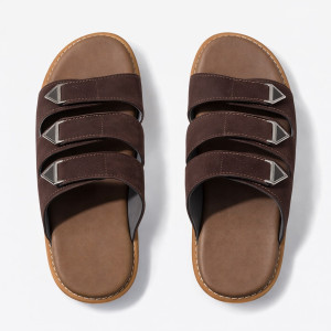 Premium  Dark Brown Triple Strap Leather Slide Slippers with Metal Accent Buckles