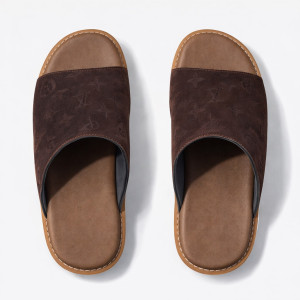Premium Dark Brown Monogram  Textured Leather Slide Slippers
