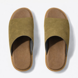 Premium Light Olive Green Monogram Textured Leather Slide Slippers