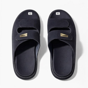 Premium Black Double Strap Leather Slide Slippers with Adjustable Buckle  Detail