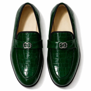 Green Croc Embossed Leather  Loafers  with Metal Logo Accent