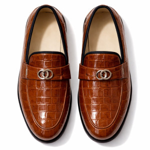 Brown Croc Embossed Leather  Loafers with Metal Logo Accent