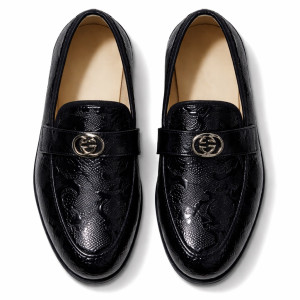 Black Textured Leather Loafers with  Metal  Logo Accent
