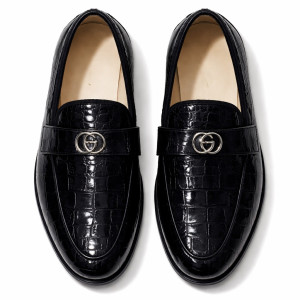 Black Croc Embossed Leather Loafers with  Metal Logo  Accent