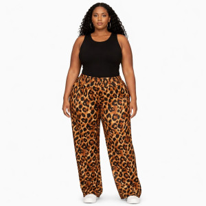 Leopard Print Pants Elastic Waist Casual Women Trousers