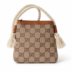 Beige and Brown Monogram Rope Handle Tote Bag