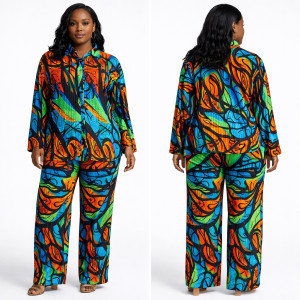 Multicolored Long Sleeve Button Up Top and Wide Leg Pants