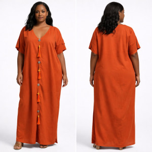 Rust Red Loose Fit Tassel Detail Kaftan Gown for Women