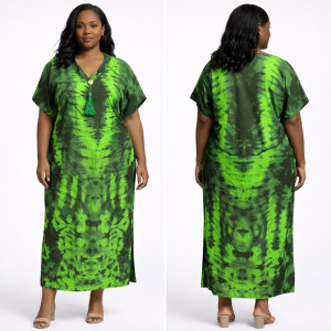 Green Tie Dye Loose Fit Kaftan Gown with Tassel Detail for Women