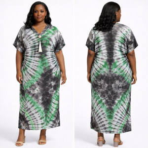 Green and Black Tie Dye Loose Fit Kaftan Gown with Tassel Detail for Women