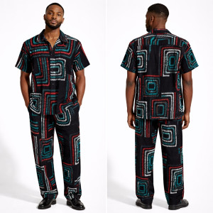Multicolor Patterned Two Piece Short Sleeve Top and Trousers Set for Men