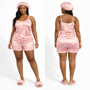 Womens Satin Pyjama Short Set with Bonnet