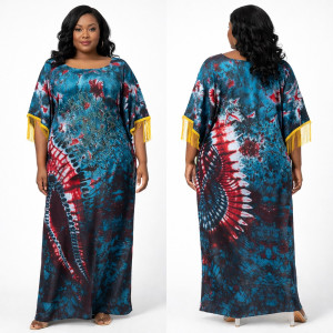 Tie Dye Print Embellished Kaftan Dress with Tassel Sleeves