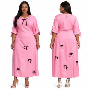 Womens Elegant Pink Long Sleeve Midi Dress with Ribbon Tie Details