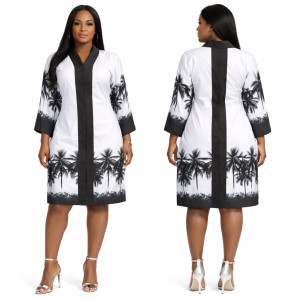 Womens Elegant Black & White Palm Print Midi Dress