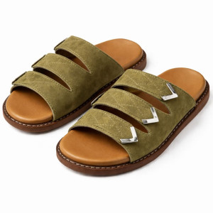 Premium Light Brown Triple Strap Leather Slide Slippers with Metal Accent Buckles