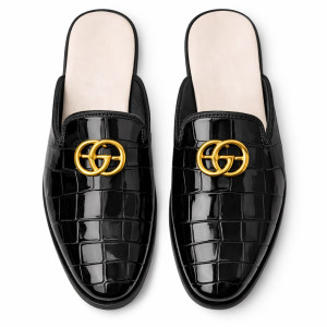 Glossy Croc Embossed Horsebit Backless Loafers    Black