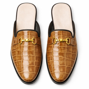 Glossy Croc Embossed Horsebit Backless Loafers   Tan Brown