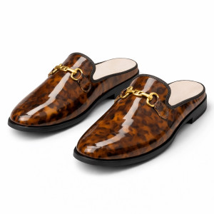 Glossy Tortoiseshell Horsebit Backless Loafers   Brown