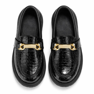Glossy Croc Embossed Chain Detail Chunky Loafers  Black   For Kids