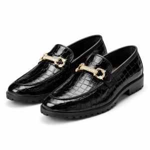 Glossy Croc Embossed Horsebit Chunky Loafers    Black   For Kids