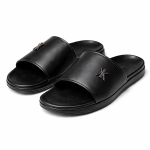 Minimal Leather Slide Sandals with Metal Detail    Black