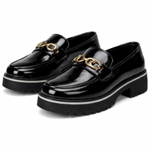 Glossy Patent Leather Chain Platform Loafers   Black    For Women