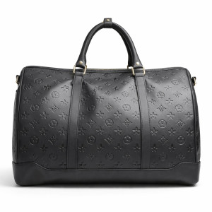 Premium Black Embossed Leather Travel Duffel Bag