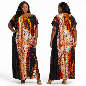 Premium Abstract Floral Print Maxi Boubou Kaftan Dress