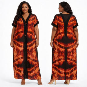 Premium Orange Contrast Panel Free Fit Boubou style Tie Dye Maxi Kaftan Dress