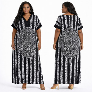 Premium Black and White Patterned Maxi Kaftan Dress