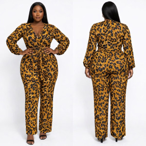 Premium Leopard Print Long sleeve Wrap Jumpsuit
