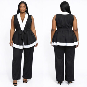 Premium Black Sleeveless Belted  Peplum Top and Straight Leg Pants set