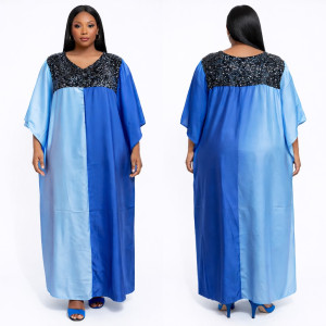 Premium Blue Gradient Embellished Neckline Flowing Kaftan Dress