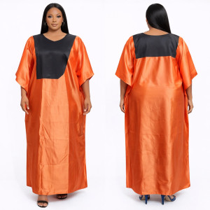 Premium Orange Satin V Neck panel Kaftan Dress