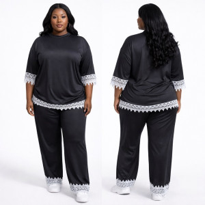 Premium Black Lace Trim Lounge Set