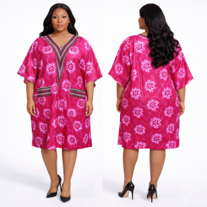 Premium Pink V Neck Tribal Print Kaftan Dress