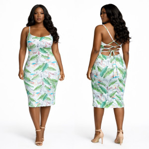 Premium Tropical Leaf Print Bodycon Midi Dress  with Lace Up Back Detail