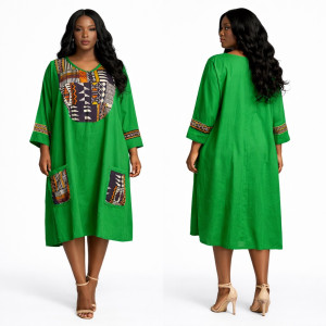 Premium Green Ankara Patch Detail Loose  Fit Midi Kaftan Dress