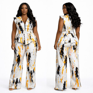 Premium Abstract Print Peplum Top and Wide Leg Pants Two Piece Set