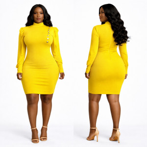 Premium Yellow High Neck Bodycon Mini Dress with  Button Detail