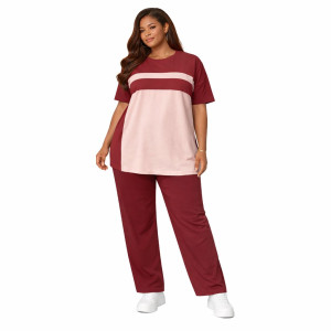 Burgundy and Nude Color Block Co Ord Set Casual Two Piece Outfit