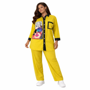 Lime Green and Black Button Front Co Ord Set Graphic Detail Two Piece Outfit