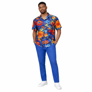 Mens Blue Floral Print Shirt and Matching Pants Set