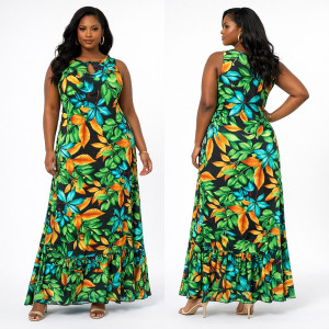 Stylish Multicolor Leaf Print Sleeveless Dress