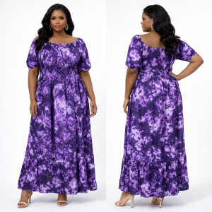 Elegant Purple Tie Dye Smocked Midi Dress