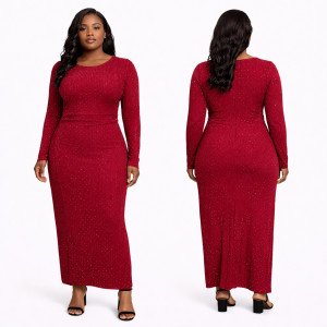 Red Pleated Bodycon Midi Dress with  Subtle Crystal Detailing