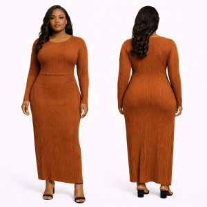 Rust Ribbed Bodycon Maxi Dress  with Long Sleeves